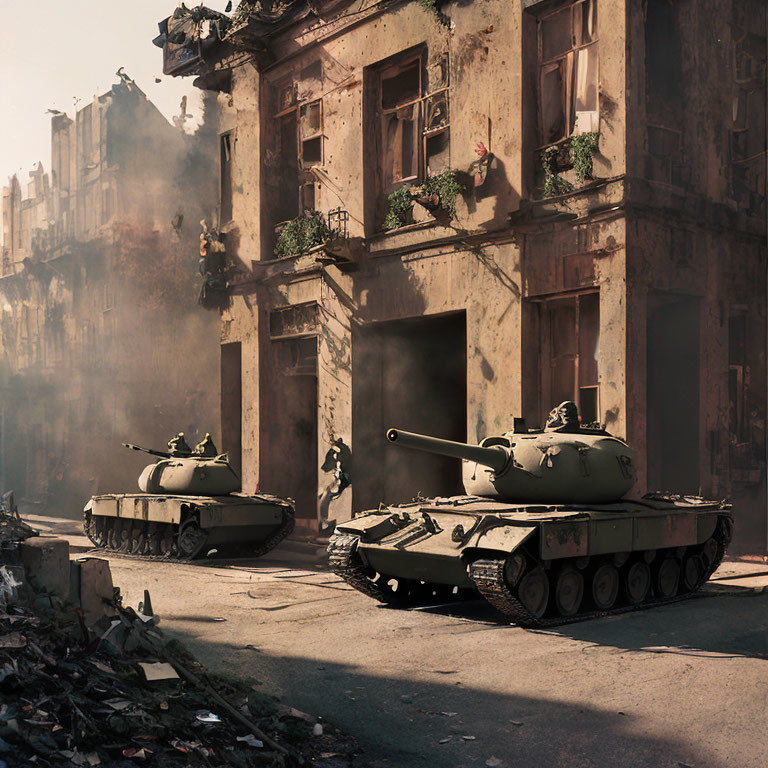 Damaged city street with tanks and debris.