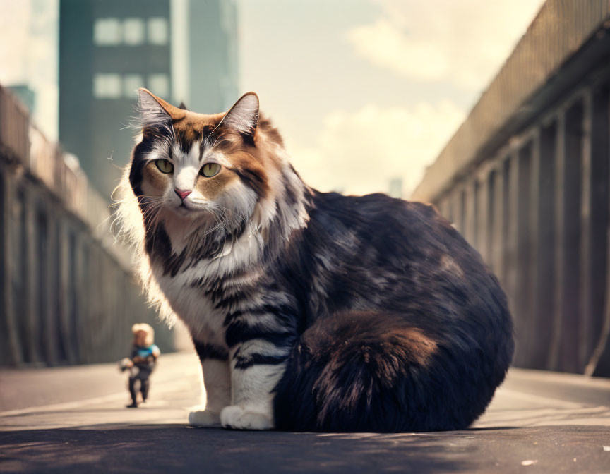 Long-haired cat sitting on pavement with toy bike rider in background