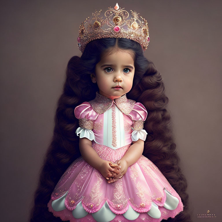 Young girl in pink princess dress and crown with wavy hair on brown background