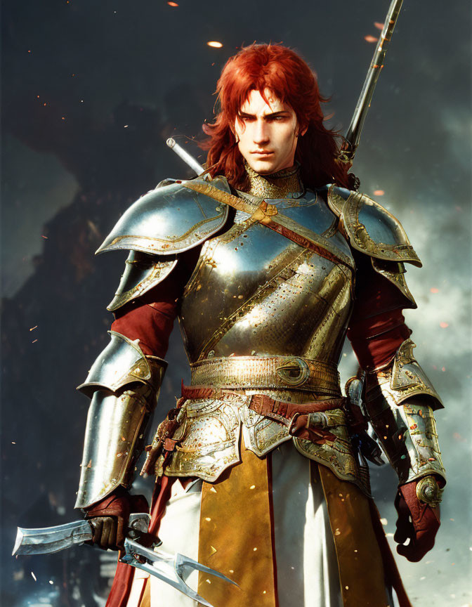 Red-haired warrior in medieval armor wields sword on smoky battlefield