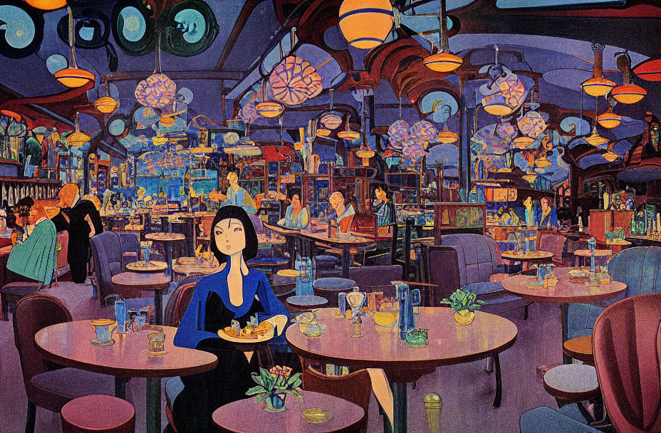 Vibrant cafe illustration with patrons and woman in blue.