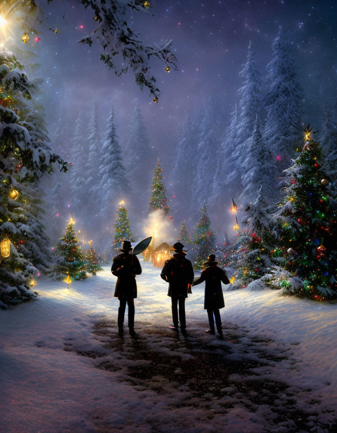 People walking on snow-covered path with decorated Christmas trees under starry night sky