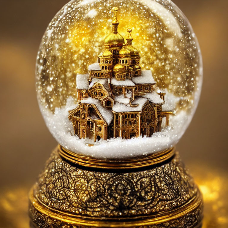 Intricate Golden Miniature Building in Snow Globe