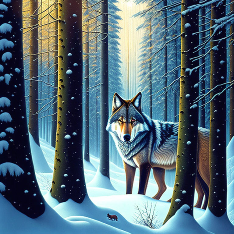 Snowy forest scene with wolf and red fox in sunlight beams