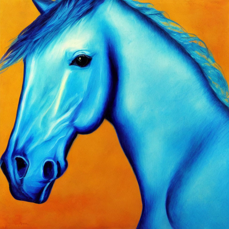 Colorful Blue Horse Artwork on Orange Background