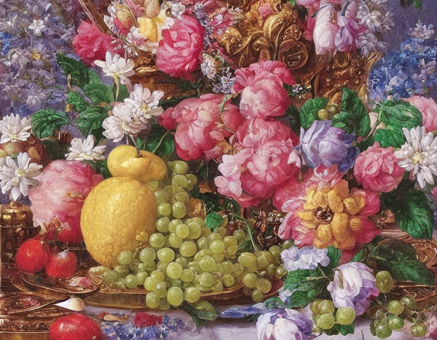 Detailed Still Life Painting with Flowers, Fruits, and Ornate Decor