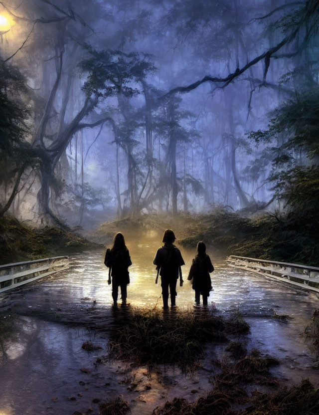 Silhouetted figures on misty bridge in beautiful forest landscape