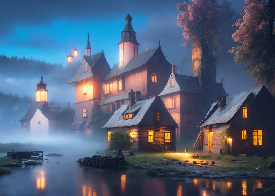 Tranquil twilight village with traditional illuminated houses by misty river