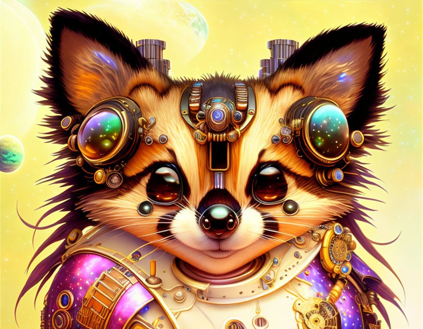 Whimsical steampunk cat with mechanical elements and cosmic accents