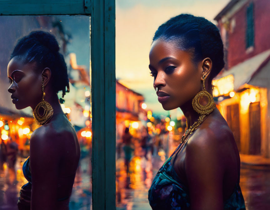 Woman with reflection wearing large earrings, vibrant street scene in background