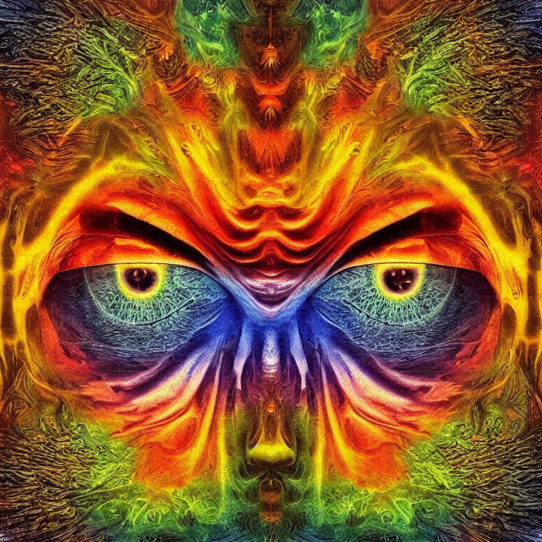 Symmetrical abstract image of intense eyes in fiery, colorful patterns