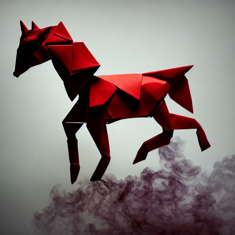 Intricate red origami horse on misty background