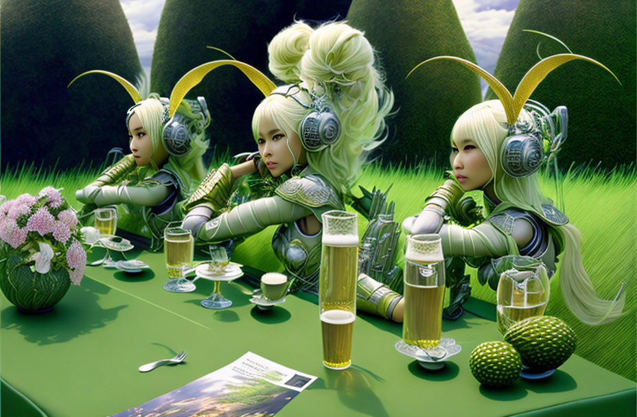 Four futuristic female characters with elaborate hairstyles and headphones sitting at a table in a lush green setting