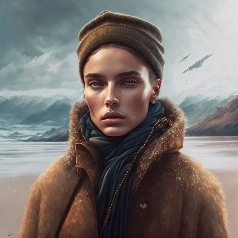 Woman in Beanie and Fur Coat Gazes with Flying Planes and Misty Mountains