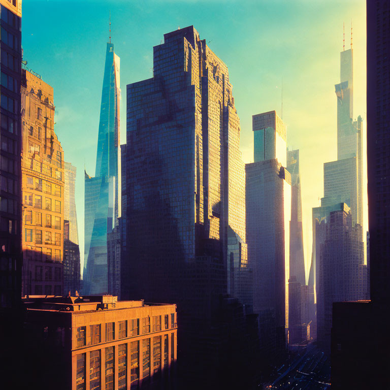 Urban skyline at sunrise or sunset with skyscrapers in silhouette against warm sky