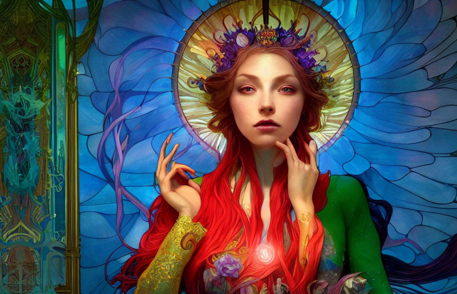 Digital painting of woman with halo, red hair, green dress, in stained-glass butterfly backdrop