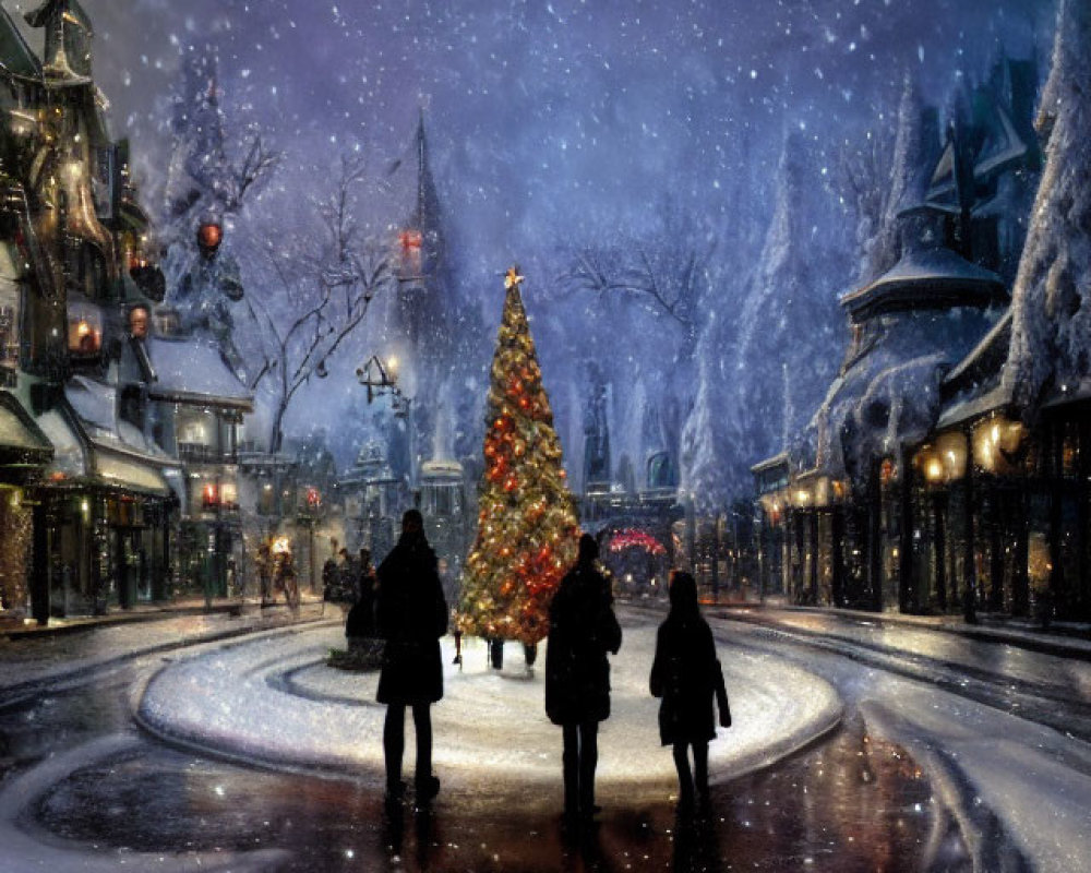 Three individuals near illuminated Christmas tree on snowy evening