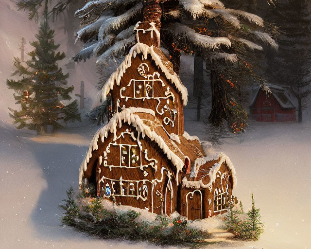 Gingerbread house with icing under snow-covered tree in winter forest