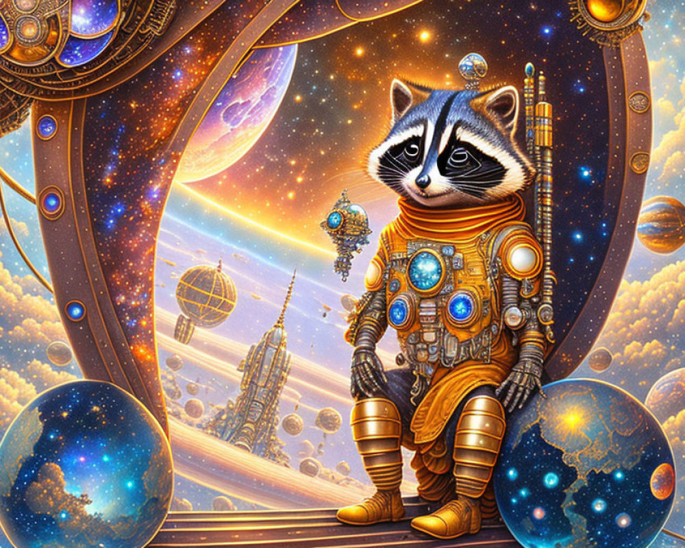 Detailed Astronaut Raccoon in Cosmic Setting