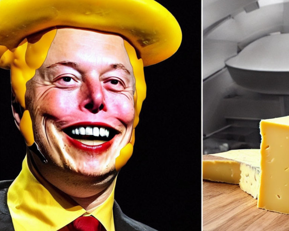 Collage of Man with Cheese Hat Smiling Next to Wooden Board with Cheese