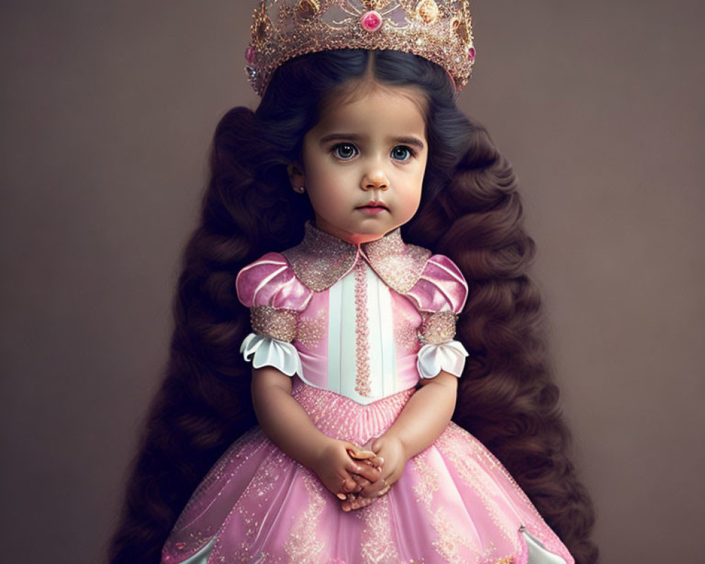 Young girl in pink princess dress and crown with wavy hair on brown background