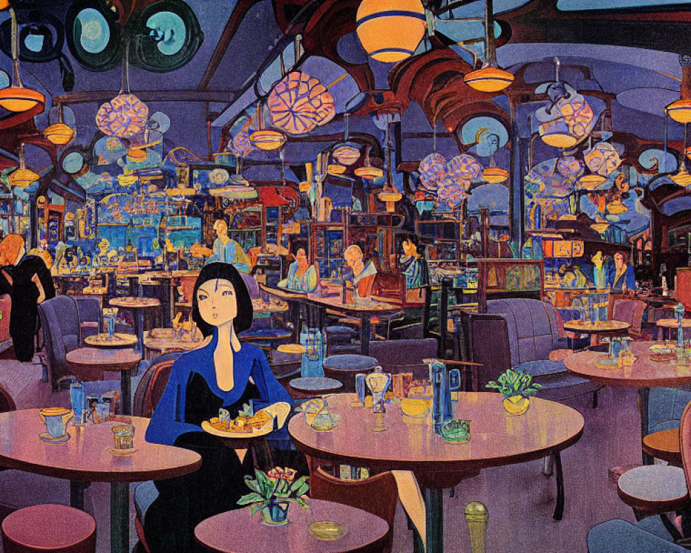 Vibrant cafe illustration with patrons and woman in blue.