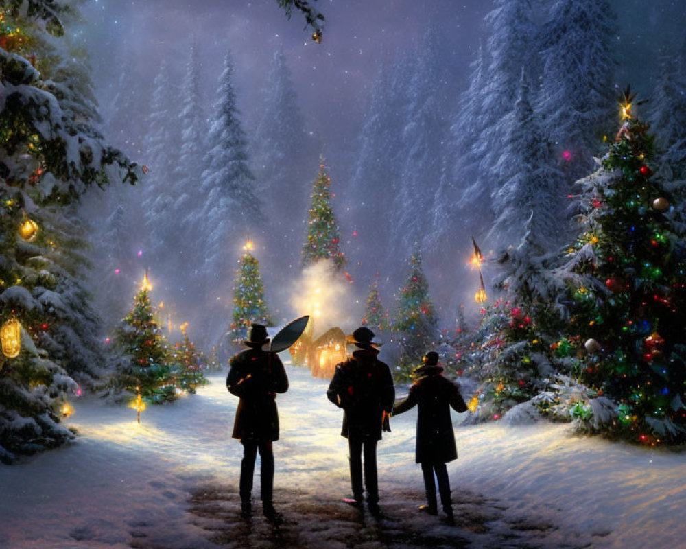 People walking on snow-covered path with decorated Christmas trees under starry night sky