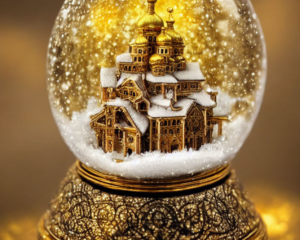 Intricate Golden Miniature Building in Snow Globe