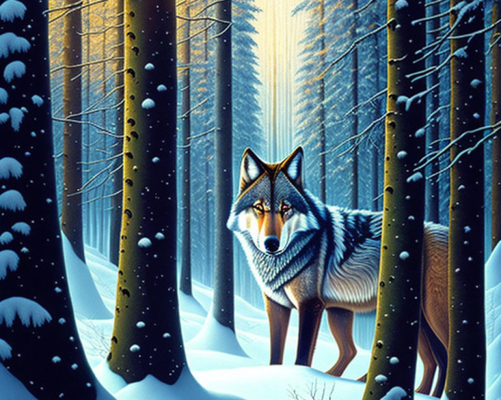 Snowy forest scene with wolf and red fox in sunlight beams