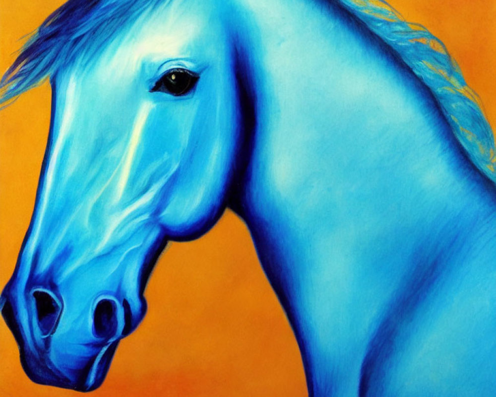 Colorful Blue Horse Artwork on Orange Background