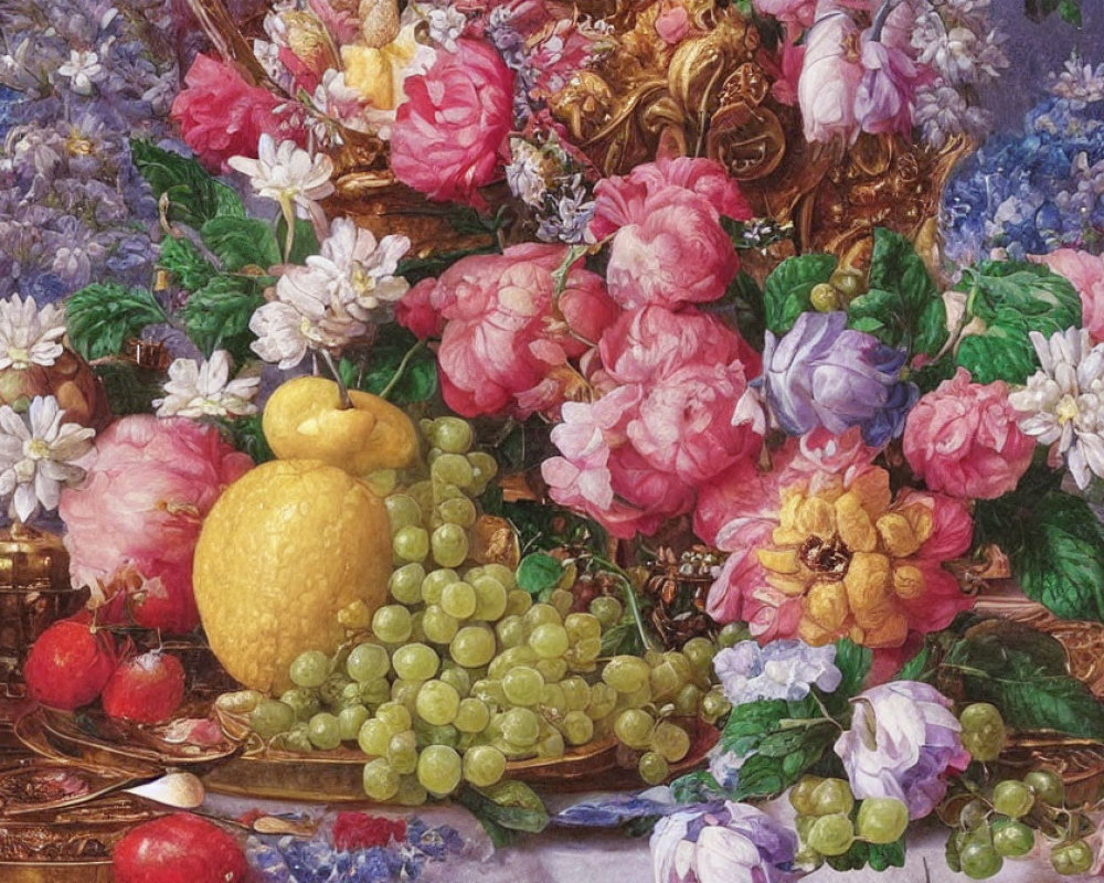 Detailed Still Life Painting with Flowers, Fruits, and Ornate Decor