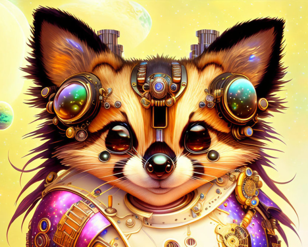 Whimsical steampunk cat with mechanical elements and cosmic accents