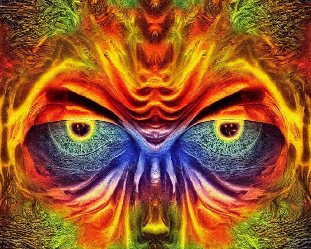 Symmetrical abstract image of intense eyes in fiery, colorful patterns