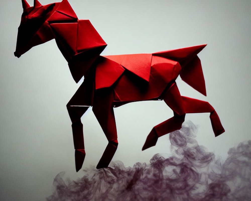 Intricate red origami horse on misty background