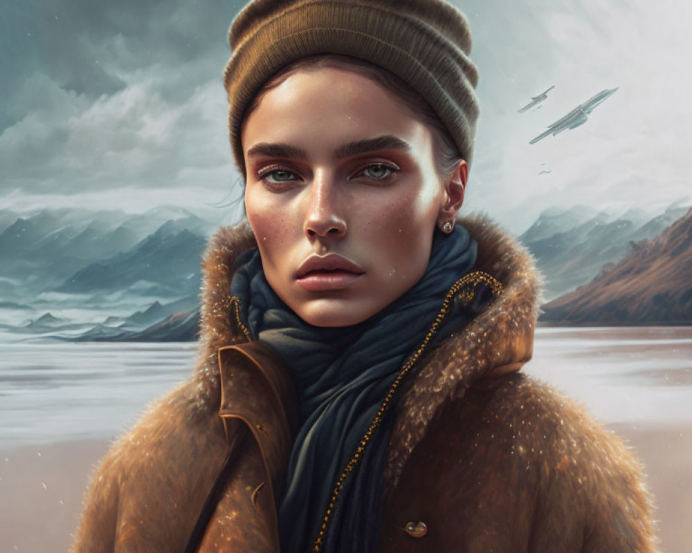 Woman in Beanie and Fur Coat Gazes with Flying Planes and Misty Mountains