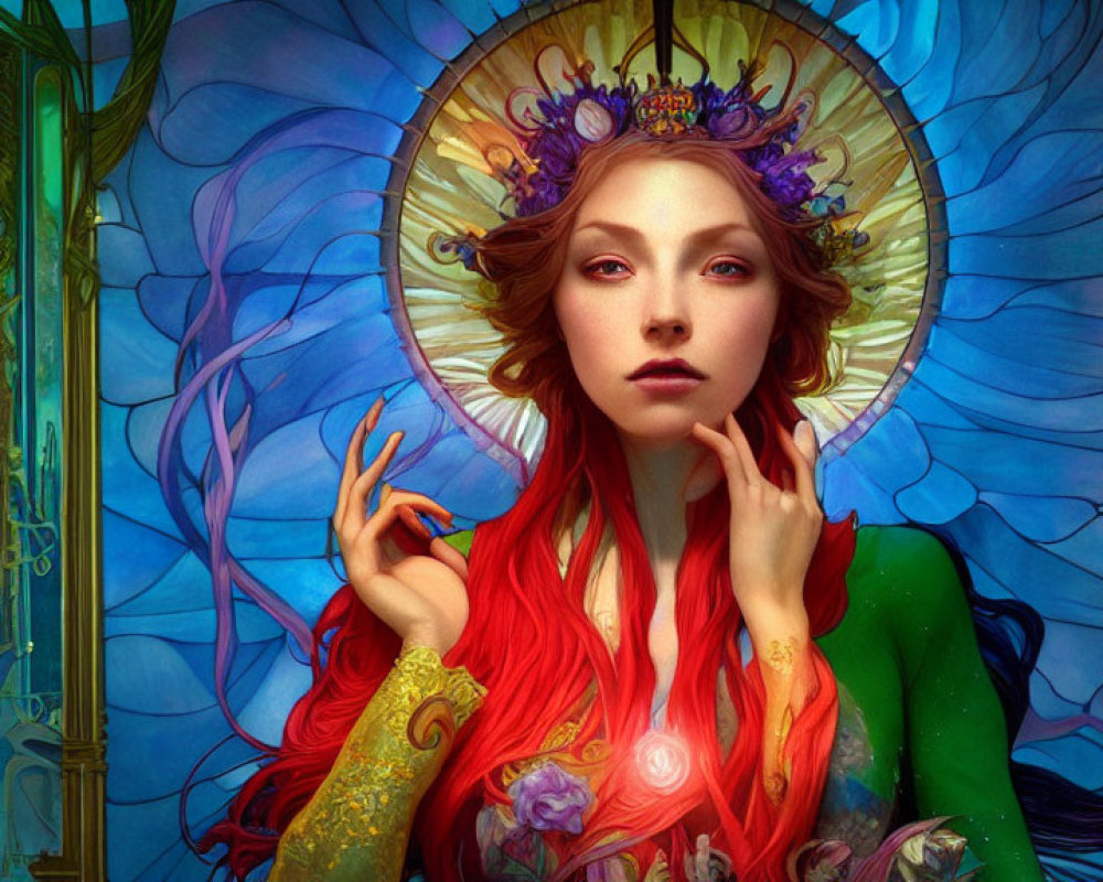 Digital painting of woman with halo, red hair, green dress, in stained-glass butterfly backdrop