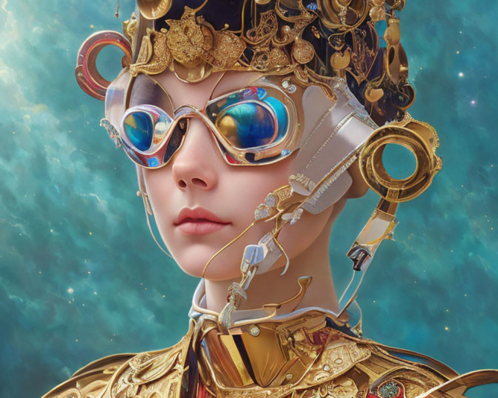 Digital character with steampunk goggles & helmet, adorned with golden gears and rich colors, set against