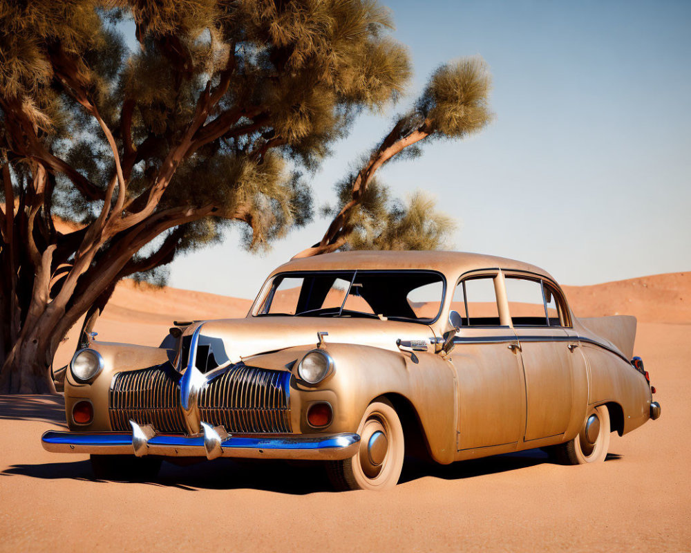 Vintage Beige Car with Blue Trim in Desert Landscape