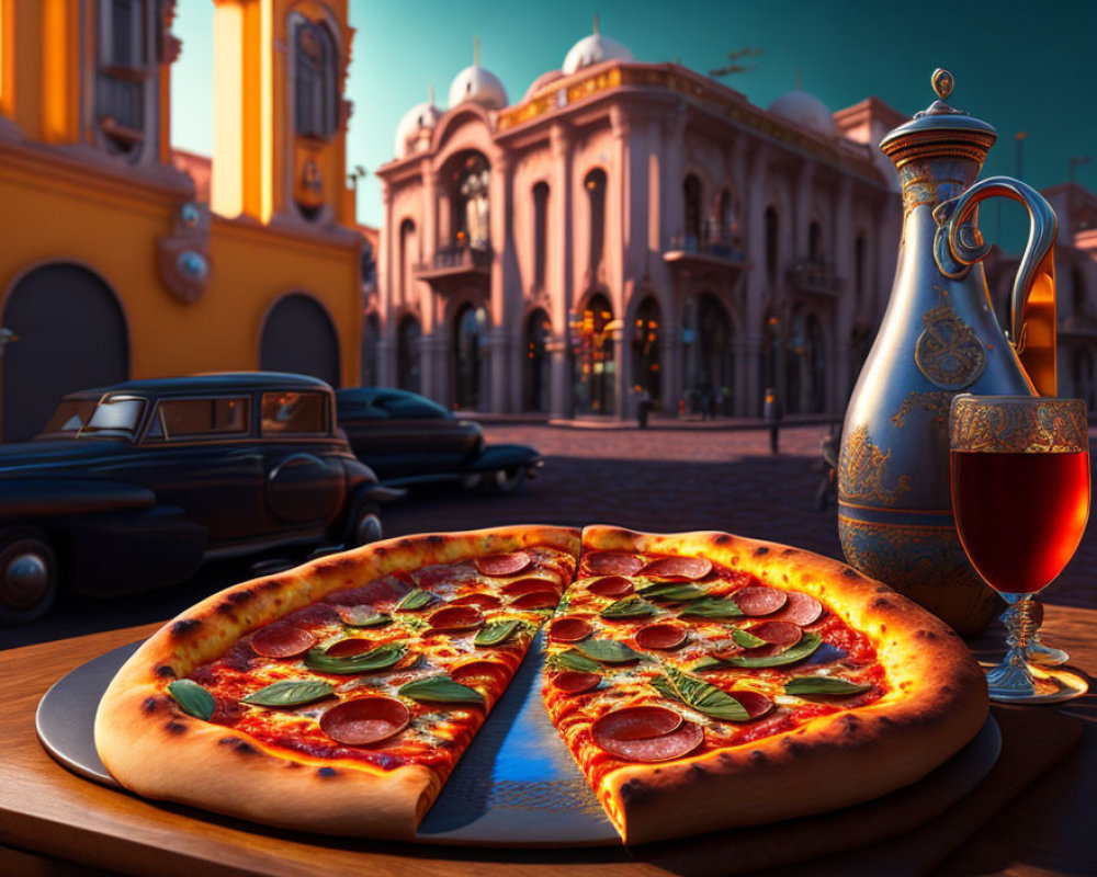 Pepperoni pizza slice, jug, and wine on vintage streetscape backdrop