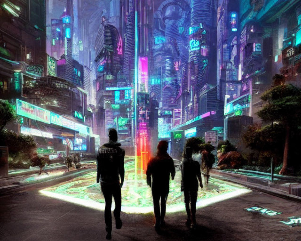 Three people walking towards futuristic cityscape with skyscrapers.