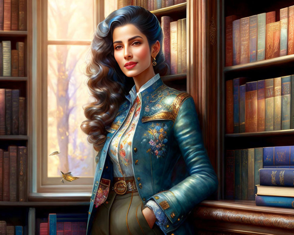 Illustrated woman with wavy hair in blue jacket by library window with flying bird