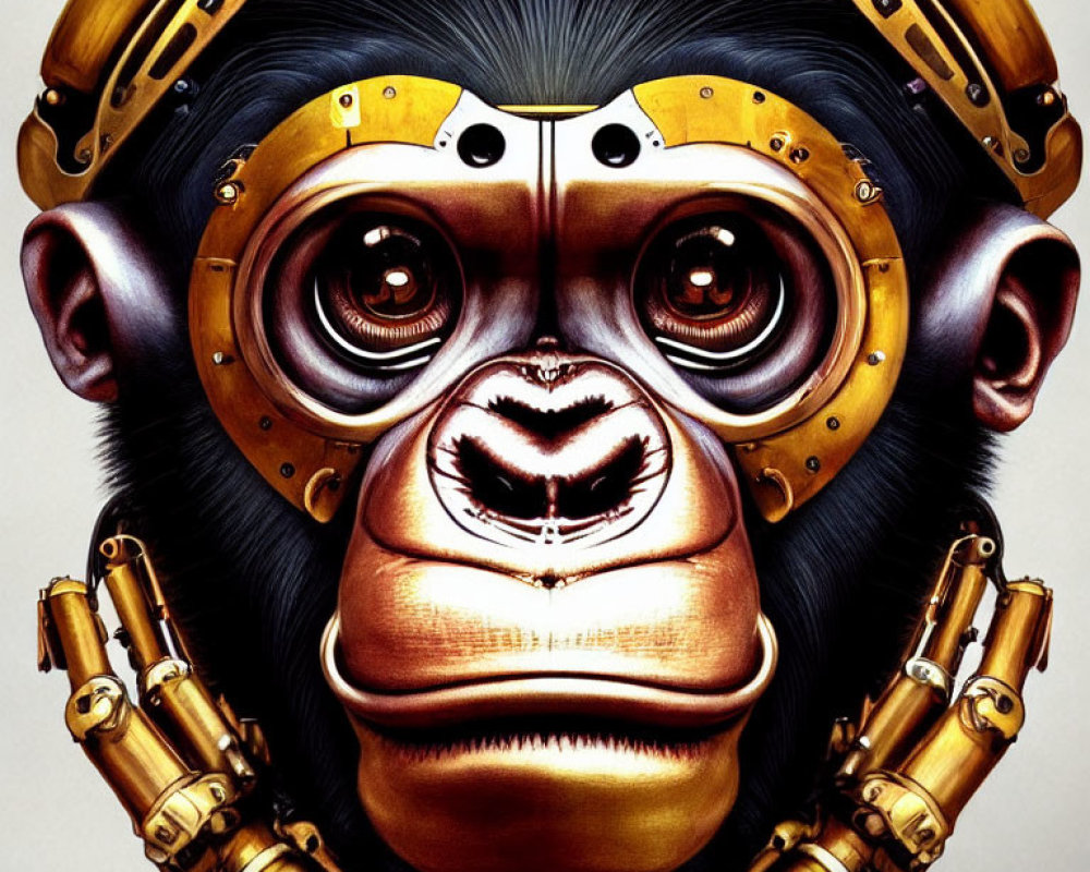 Steampunk-themed chimpanzee with cybernetic enhancements