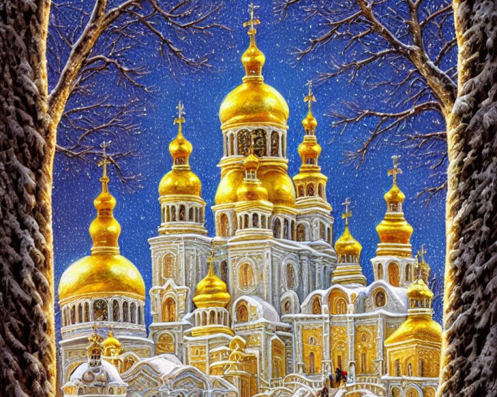 Orthodox cathedral with golden domes in snowy night scene.