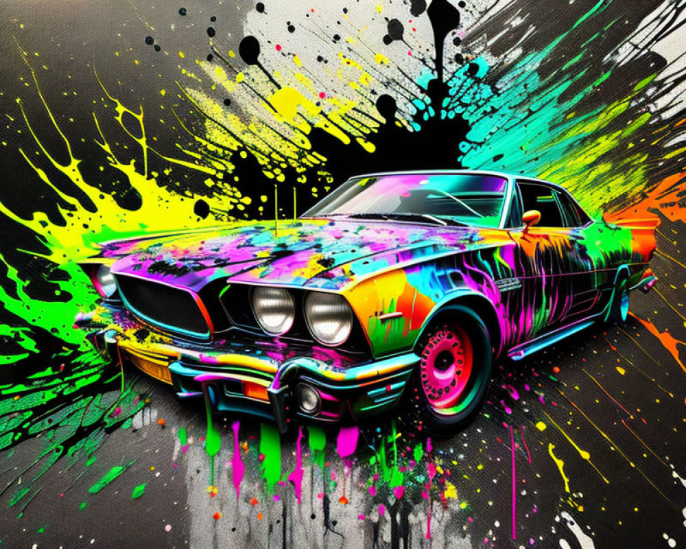 Multicolored classic car with neon paint on black background