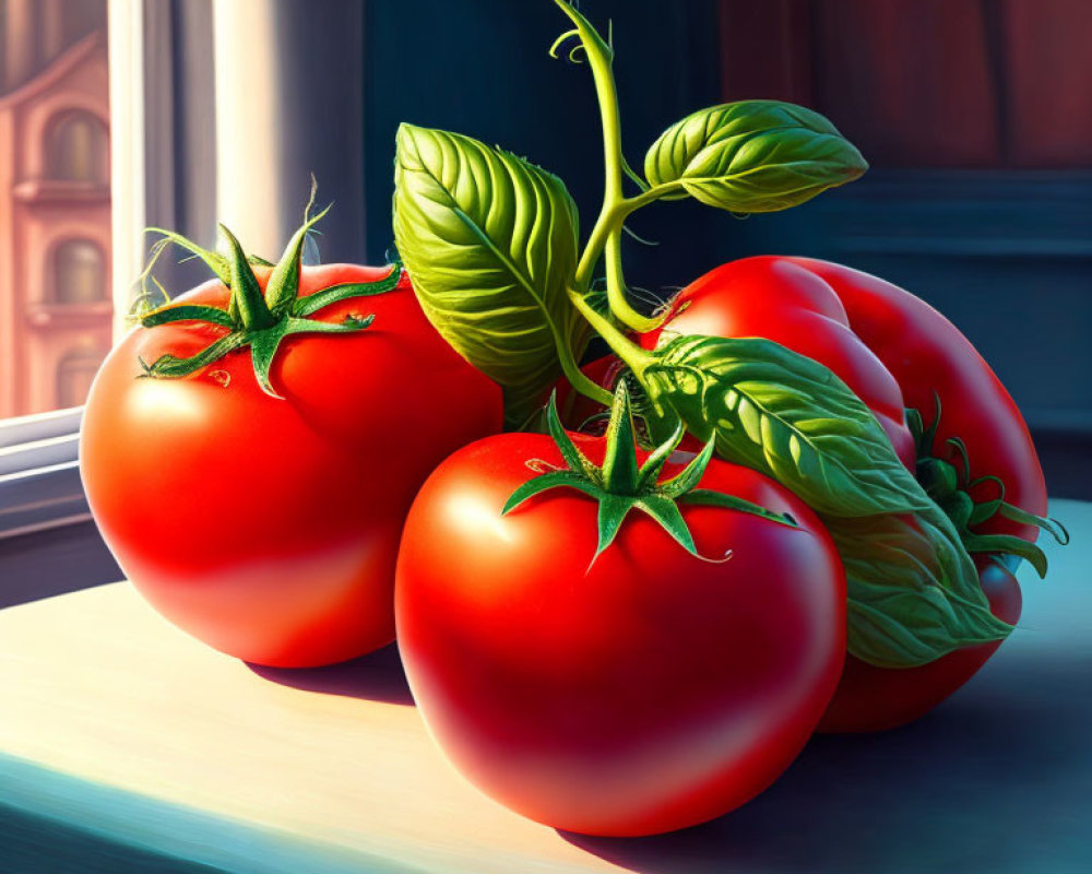 Ripe Tomatoes with Green Stems on Sunlit Windowsill