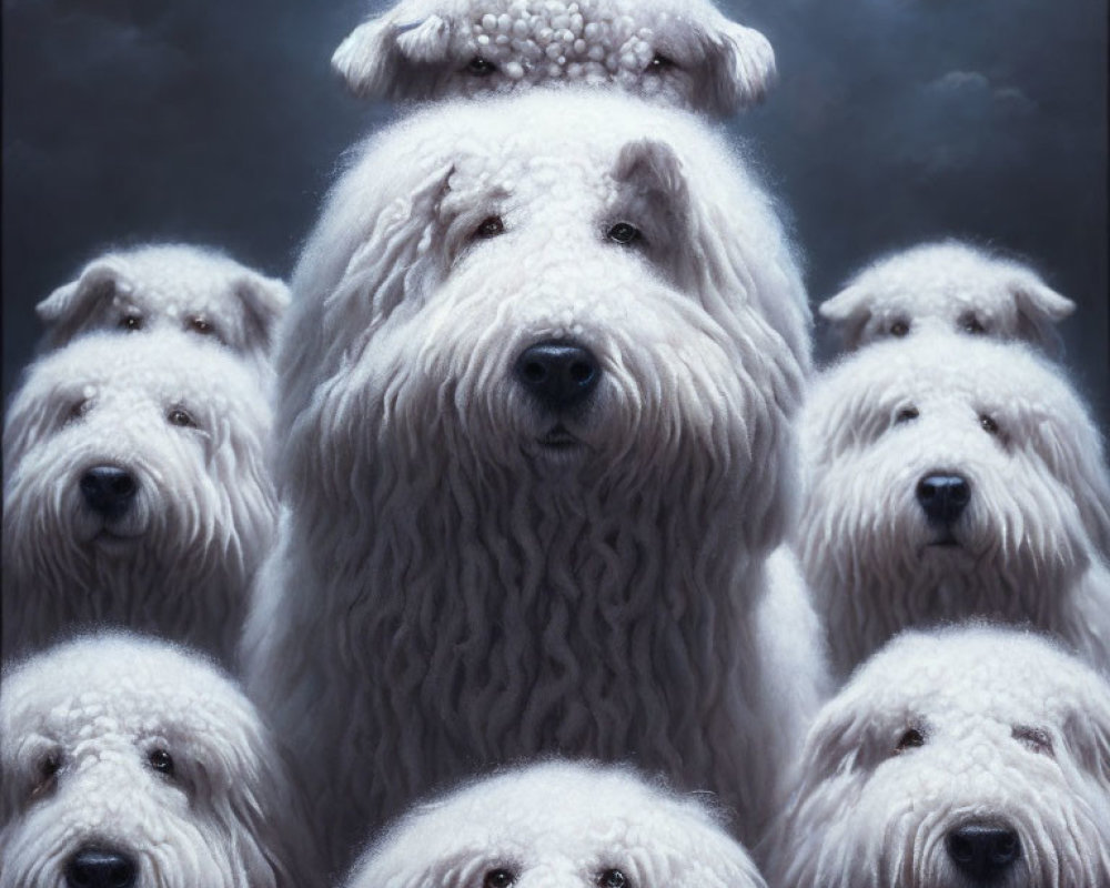 Seven White Fluffy Dogs in Pyramid Formation Against Dark Sky