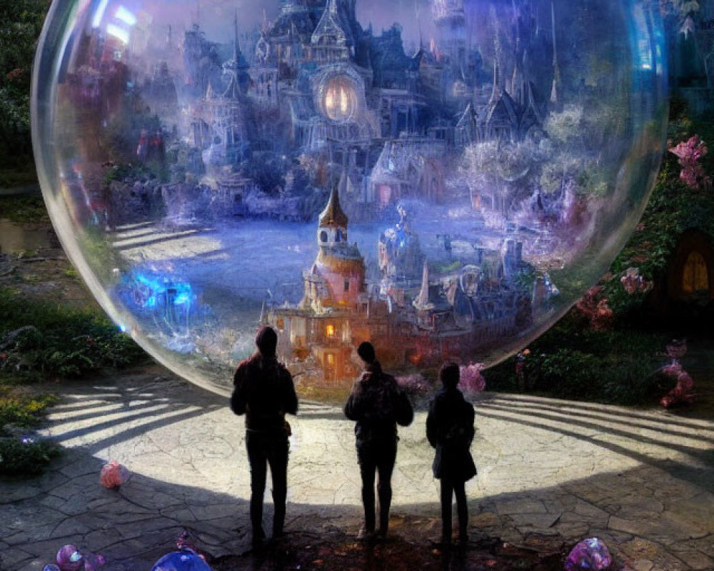 Fantasy castle in a transparent bubble with colorful gems and observers