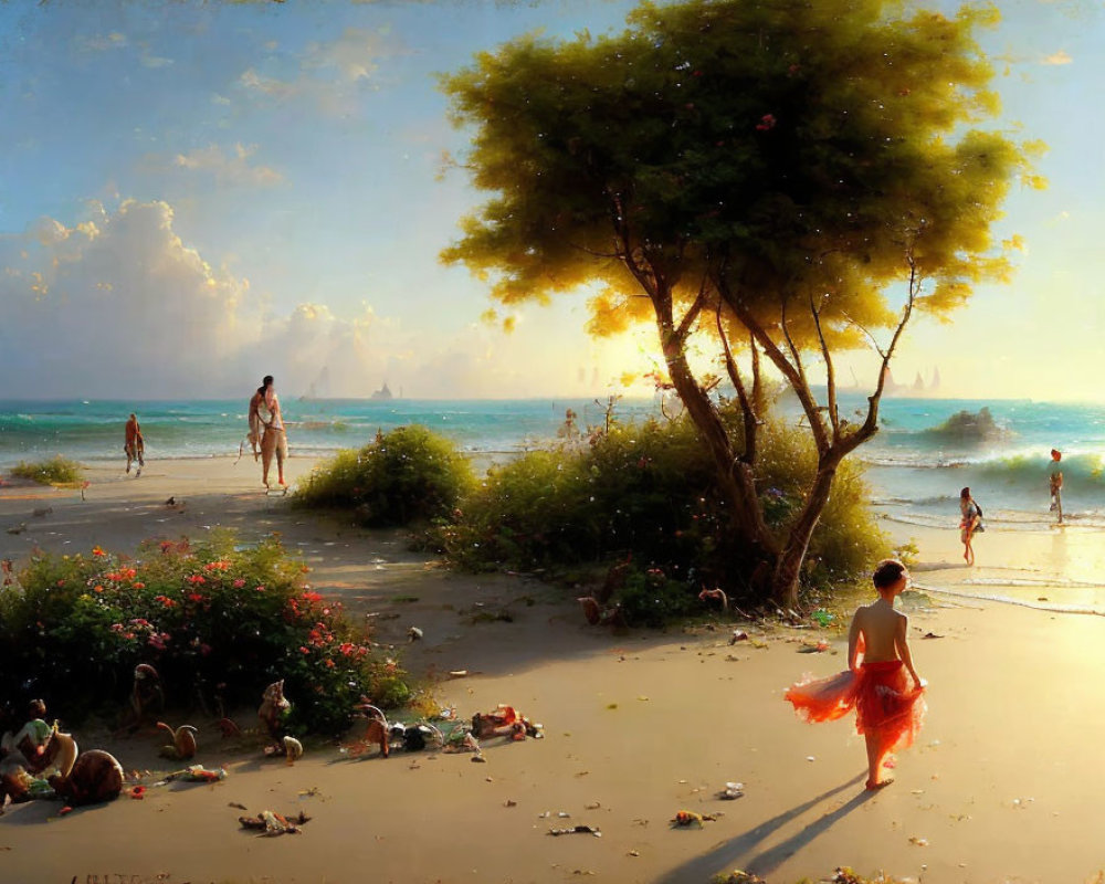 Tranquil beach sunset with people, child in red skirt, ships, and lush greenery.