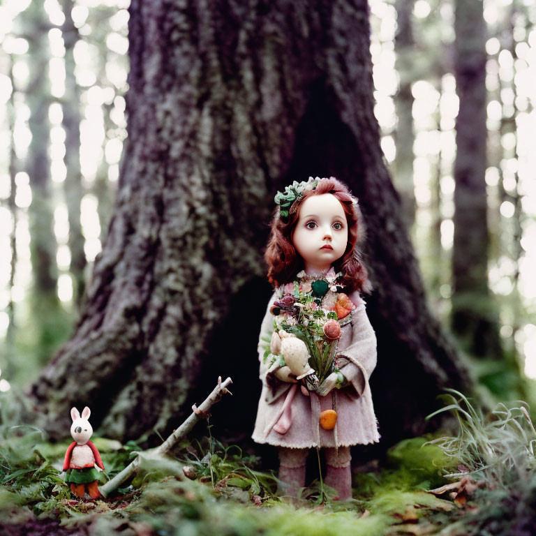 Porcelain doll with floral headband and mouse in forest scene