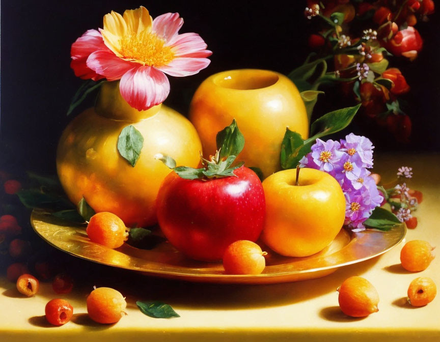 Golden vessels, fruits, and flowers on reflective surface against dark background